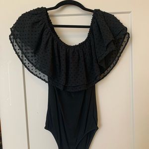 Off the shoulder polka dot body suit
